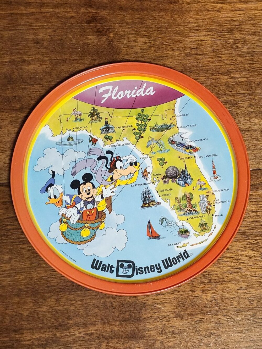 VINTAGE Walt Disney World Metal Tray Hot Air Balloon FLORIDA Travel Tray 1970s